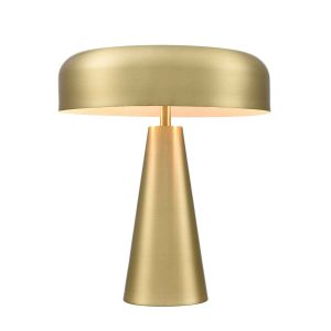 Franklite Mason modern dimmable table lamp in satin brass, on white background.