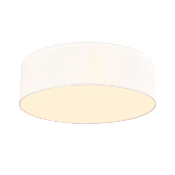 Melissa single tier 6 light flush ceiling light in cream fabric with lower diffuser by Franklite, on white background.