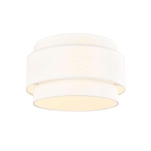 Melissa 4 light 2 tier flush ceiling light in cream fabric with lower diffuser by Franklite, on white background, lit.
