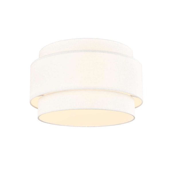 Melissa 4 light 2 tier flush ceiling light in cream fabric with lower diffuser by Franklite, on white background, lit.