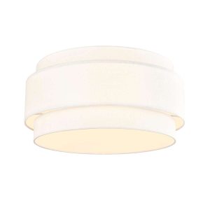 Melissa 6 light 2 tier flush ceiling light in cream fabric with lower diffuser by Franklite, on white background, lit.