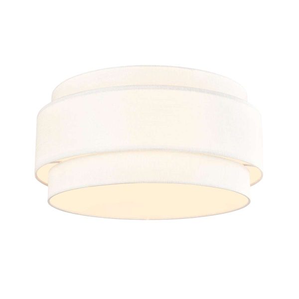 Melissa 6 light 2 tier flush ceiling light in cream fabric with lower diffuser by Franklite, on white background, lit.