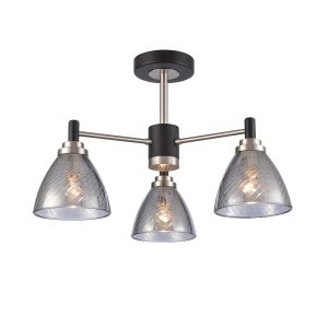Franklite Metro 3 light semi flush ceiling light in matt black and satin nickel, on white background.