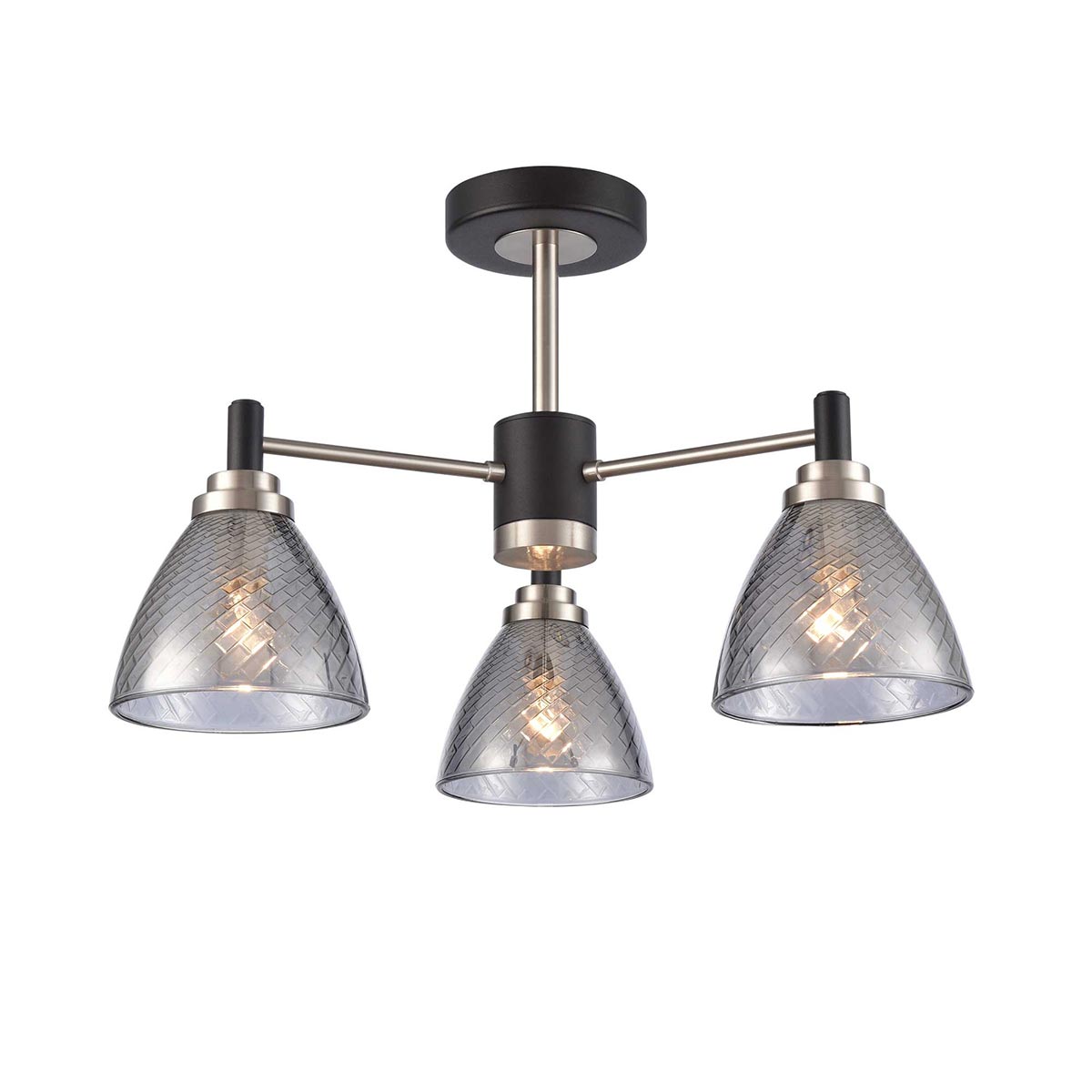Franklite Metro 3 light semi flush ceiling light in matt black and satin nickel, on white background.