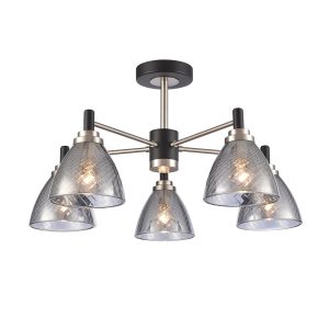 Franklite Metro 5 light semi flush ceiling light in matt black and satin nickel, on white background.