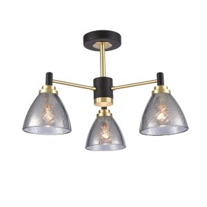 Franklite Metro 3 light semi flush ceiling light in matt black and satin brass, on white background.