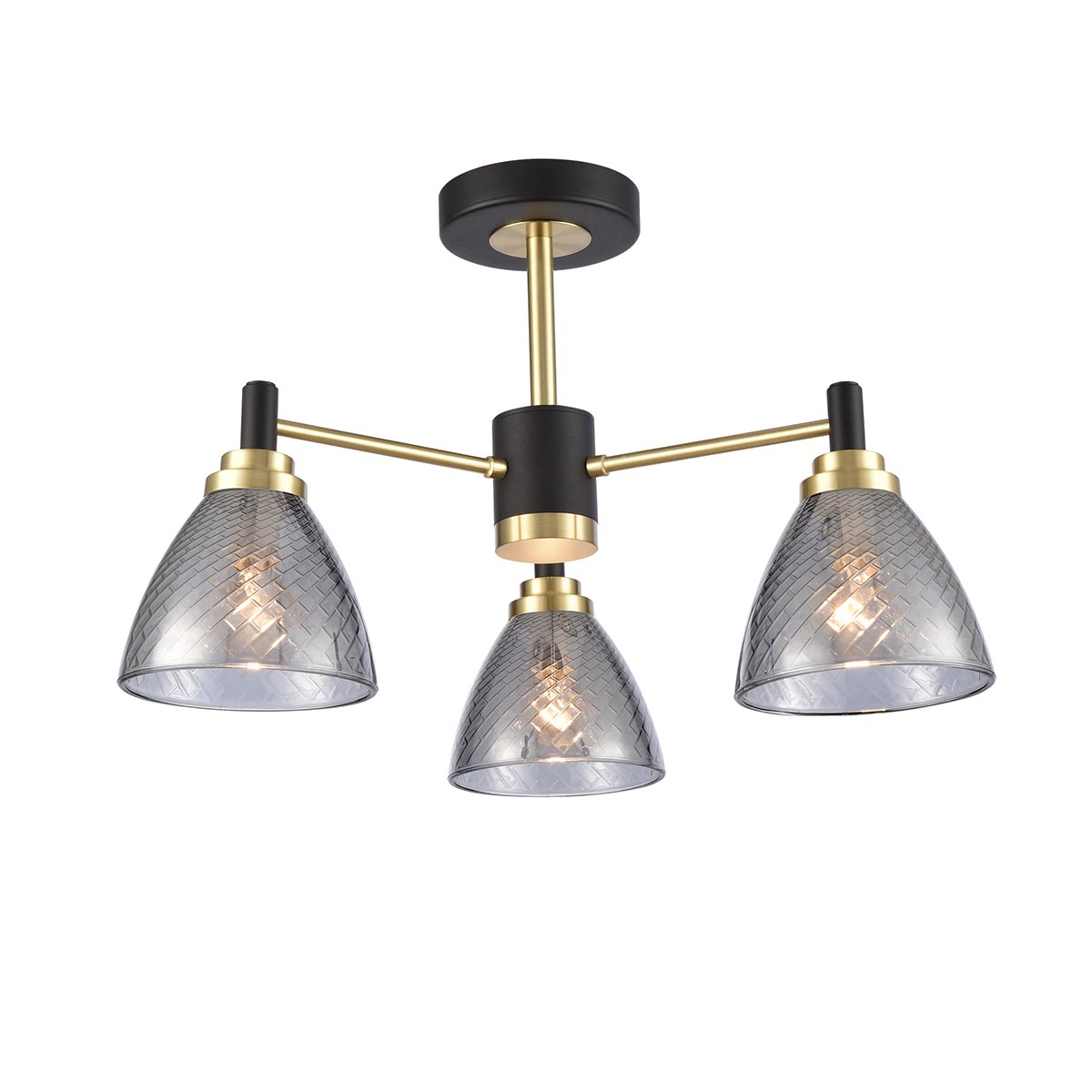 Franklite Metro 3 light semi flush ceiling light in matt black and satin brass, on white background.