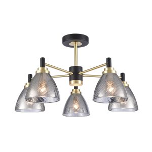 Franklite Metro 5 light semi flush ceiling light in matt black and satin brass, on white background.