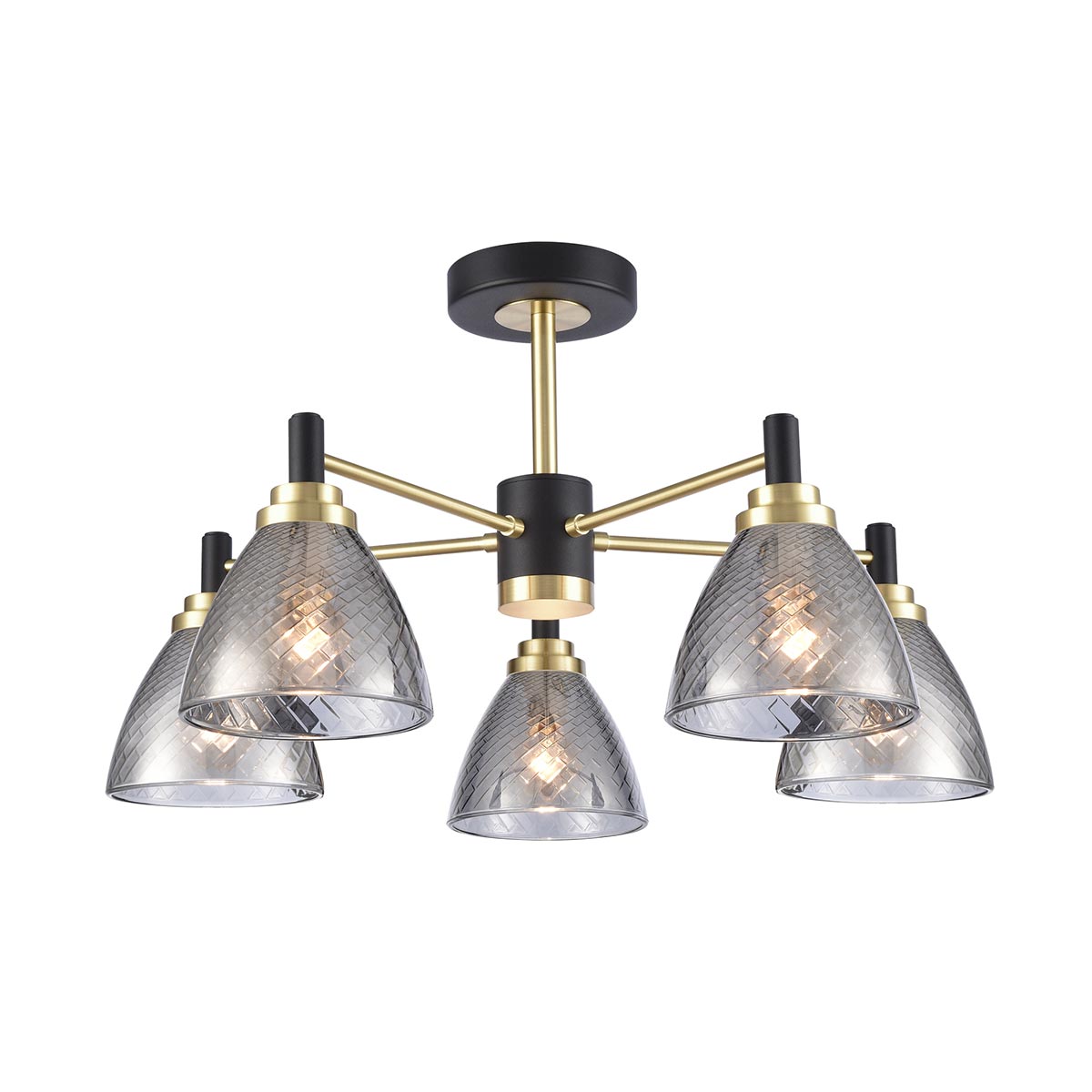 Franklite Metro 5 light semi flush ceiling light in matt black and satin brass, on white background.