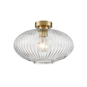 Franklite Mezcla flush aged brass ceiling light with clear ribbed glass shade, on white background.