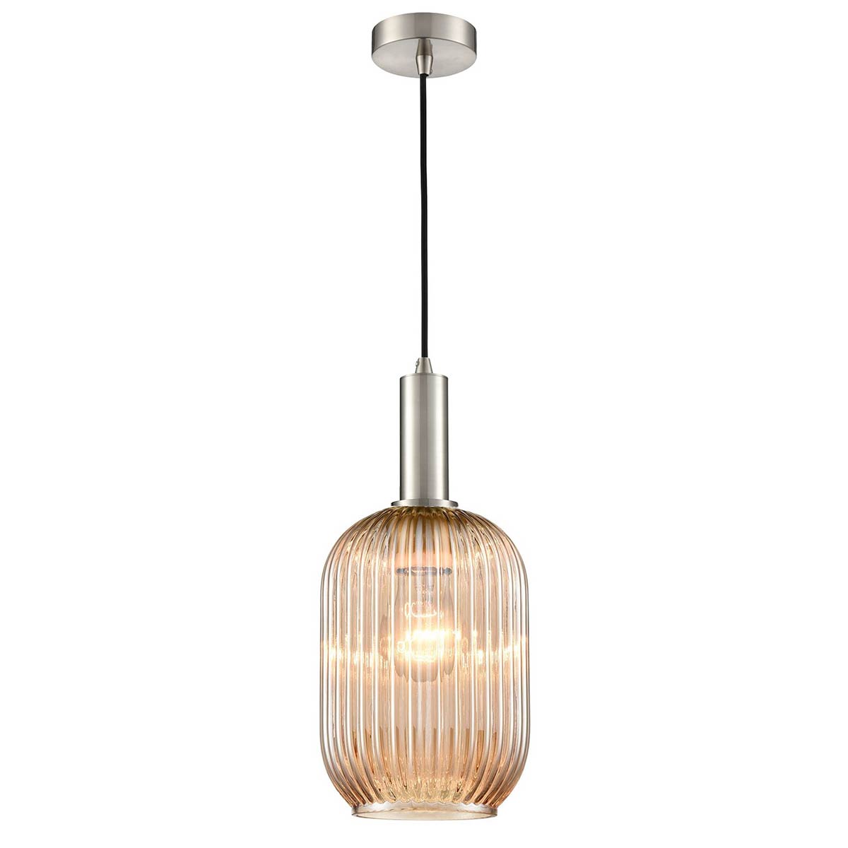 Mezcla Satin Nickel Ceiling Pendant with Amber Ribbed Glass 15cm