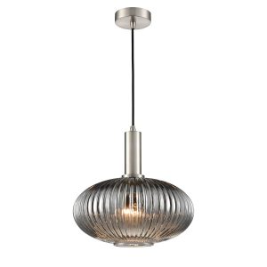 Franklite Mezcla satin nickel ceiling pendant with 30cm diameter smoked ribbed glass shade, on white background.