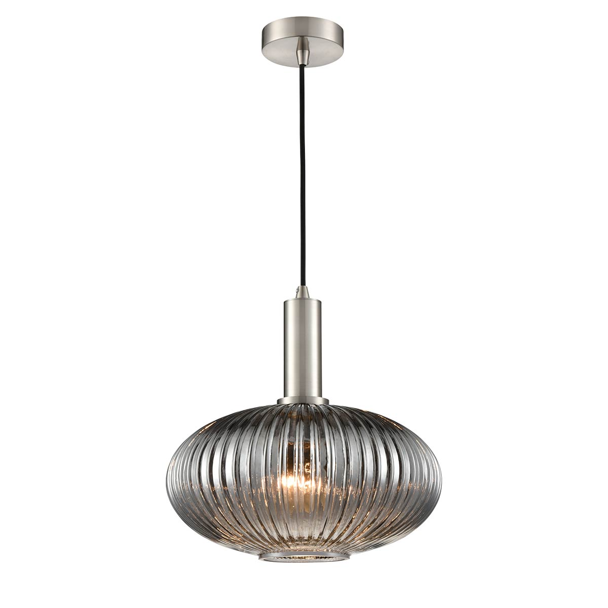 Mezcla Satin Nickel Ceiling Pendant with Smoked Ribbed Glass 30cm