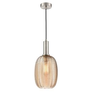 Franklite Mezcla satin nickel ceiling pendant with 18cm diameter amber chevron glass shade, on white background.