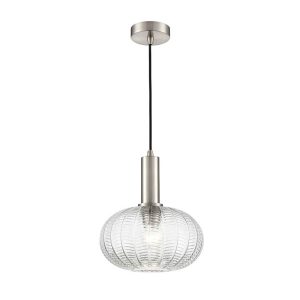Franklite Mezcla satin nickel ceiling pendant with 26cm diameter clear chevron glass shade, on white background.
