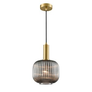 Franklite Mezcla aged brass ceiling pendant with 20cm diameter ribbed smoked glass drum shade, on white background.