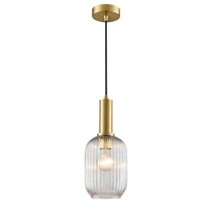 Franklite Mezcla aged brass ceiling pendant with 15cm diameter clear ribbed glass shade, on white background.