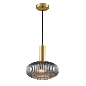 Franklite Mezcla aged brass ceiling pendant with 24cm diameter ribbed smoked glass shade, on white background.