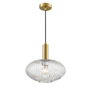 Franklite Mezcla aged brass ceiling pendant with 30cm diameter clear ribbed glass shade, on white background.