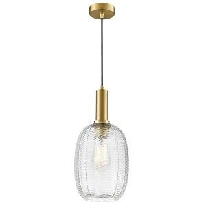 Franklite Mezcla aged brass ceiling pendant with 18cm diameter clear chevron glass shade, full height on white background.