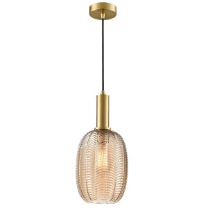 Franklite Mezcla aged brass ceiling pendant with amber chevron glass shade, full height on white background.