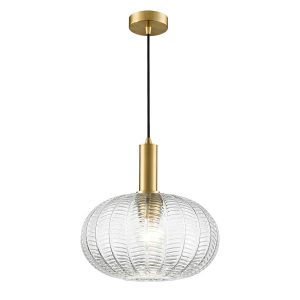 Franklite Mezcla aged brass ceiling pendant with clear chevron glass shade, full height on white background.