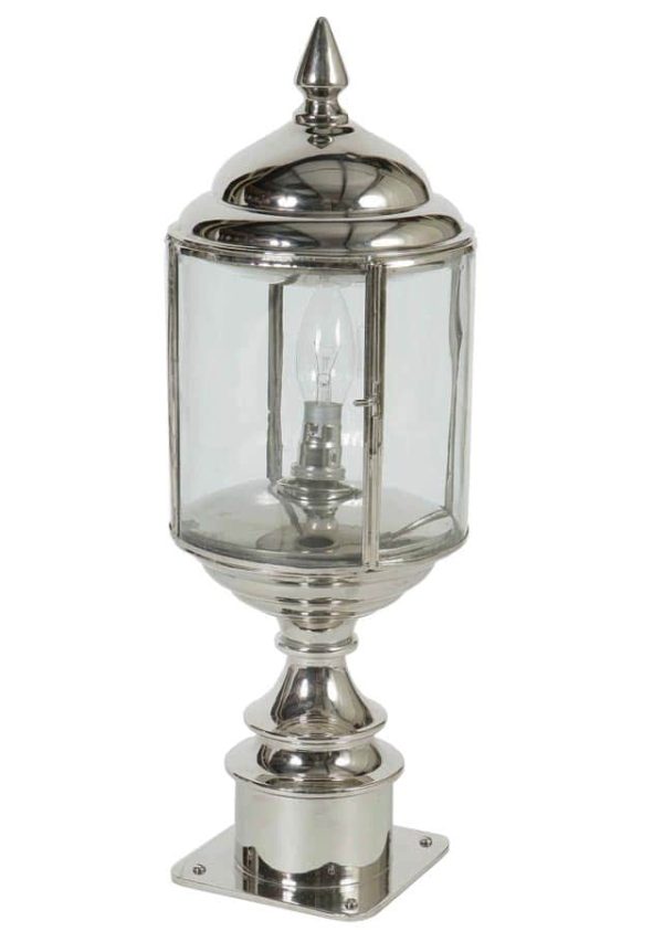 Wentworth Art Deco style short outdoor pillar lantern polished nickel