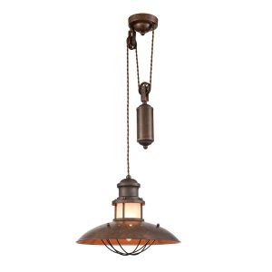 Franklite Newton distressed bronze kitchen rise and fall pulley pendant, on white background, lit.