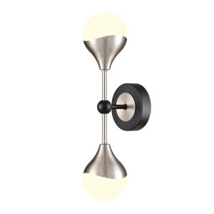 Franklite Nexus twin wall light in matt black and satin nickel, shown vertical on white background.