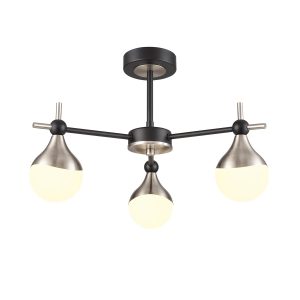 Franklite Nexus 3 light semi flush ceiling light in matt black and satin nickel, on white background.