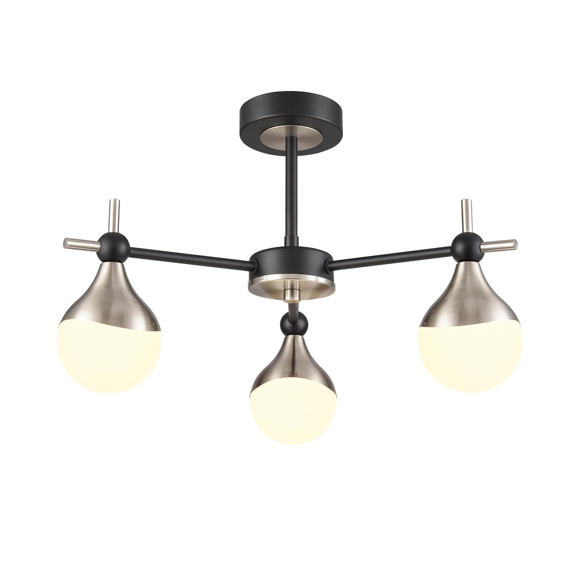 Franklite Nexus 3 light semi flush ceiling light in matt black and satin nickel, on white background.