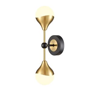 Franklite Nexus double wall light in matt black and aged brass, shown vertical on white background.