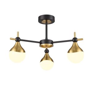 Franklite Nexus 3 light semi flush ceiling light in matt black and aged brass, on white background.