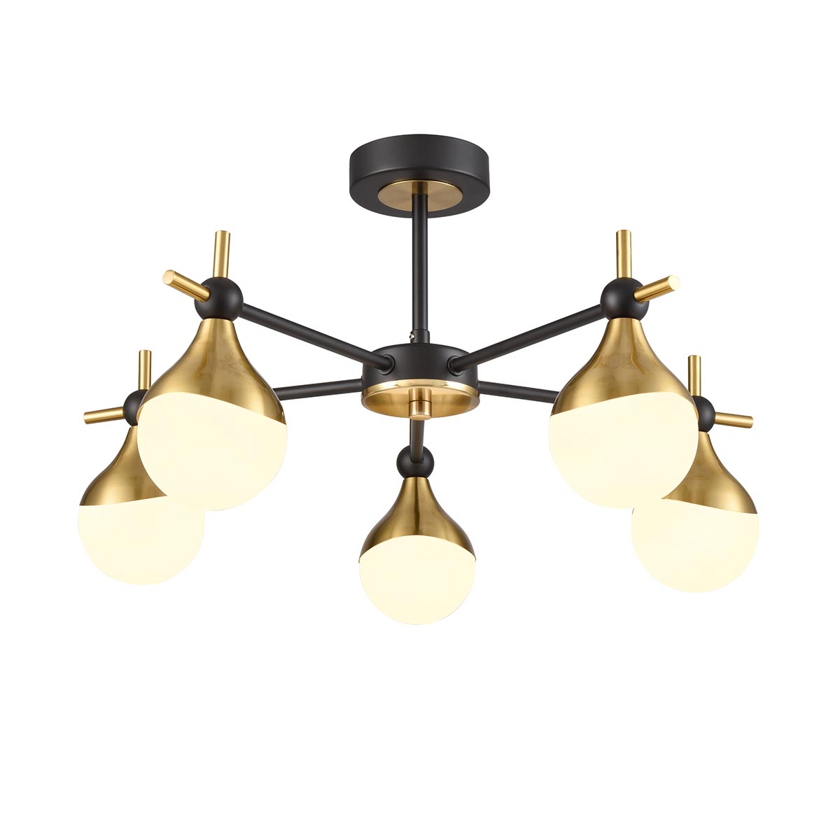 Franklite Nexus 5 light semi flush ceiling light in matt black and aged brass, on white background.