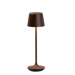 Franklite Nomad small rechargeable LED table lamp in a rust brown finish and rated IP65, on white background.