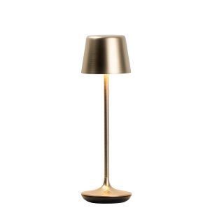 Franklite Nomad small rechargeable LED table lamp in a brushed brass and rated IP65, on white background, lit.
