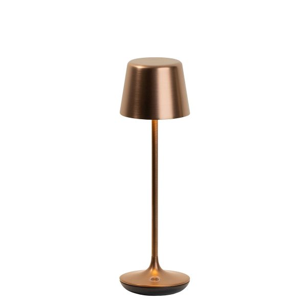 Franklite Nomad small rechargeable LED table lamp in a brushed bronze and rated IP65 on white background.