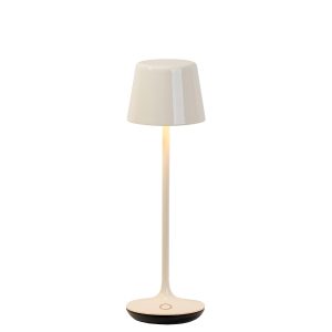 Franklite Nomad small rechargeable LED table lamp in a cream ceramic finish and rated IP65 on white background.