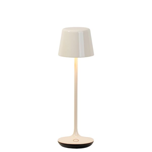 Franklite Nomad small rechargeable LED table lamp in a cream ceramic finish and rated IP65 on white background.