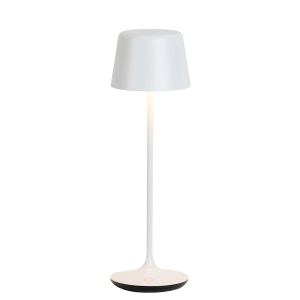 Franklite Nomad tall rechargeable LED table lamp in cream ceramic finish and rated IP65, on white background, lit.