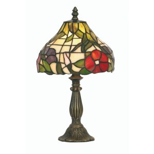 Peonies 200mm Tiffany table lamp, on white background, lit.