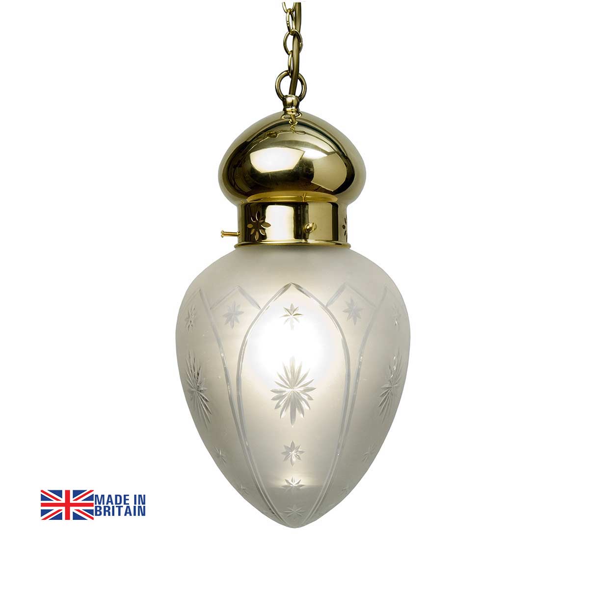 Polished Brass Etched Glass Pendant Light UK Made