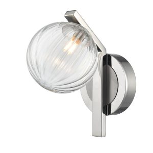 Franklite Oculus single bathroom wall light in polished chrome and satin nickel with clear ribbed glass, on white background.