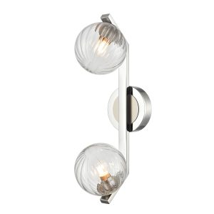 Franklite Oculus twin bathroom wall light in polished chrome and satin nickel with clear ribbed glass spheres, shown vertically.