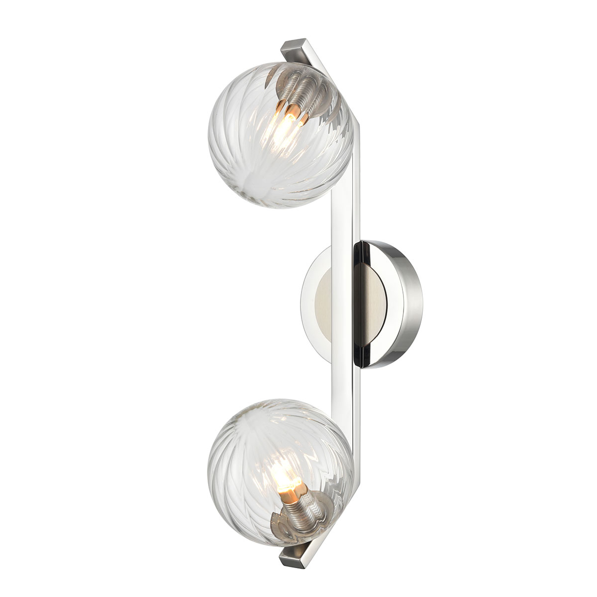 Franklite Oculus twin bathroom wall light in polished chrome and satin nickel with clear ribbed glass spheres, shown vertically.