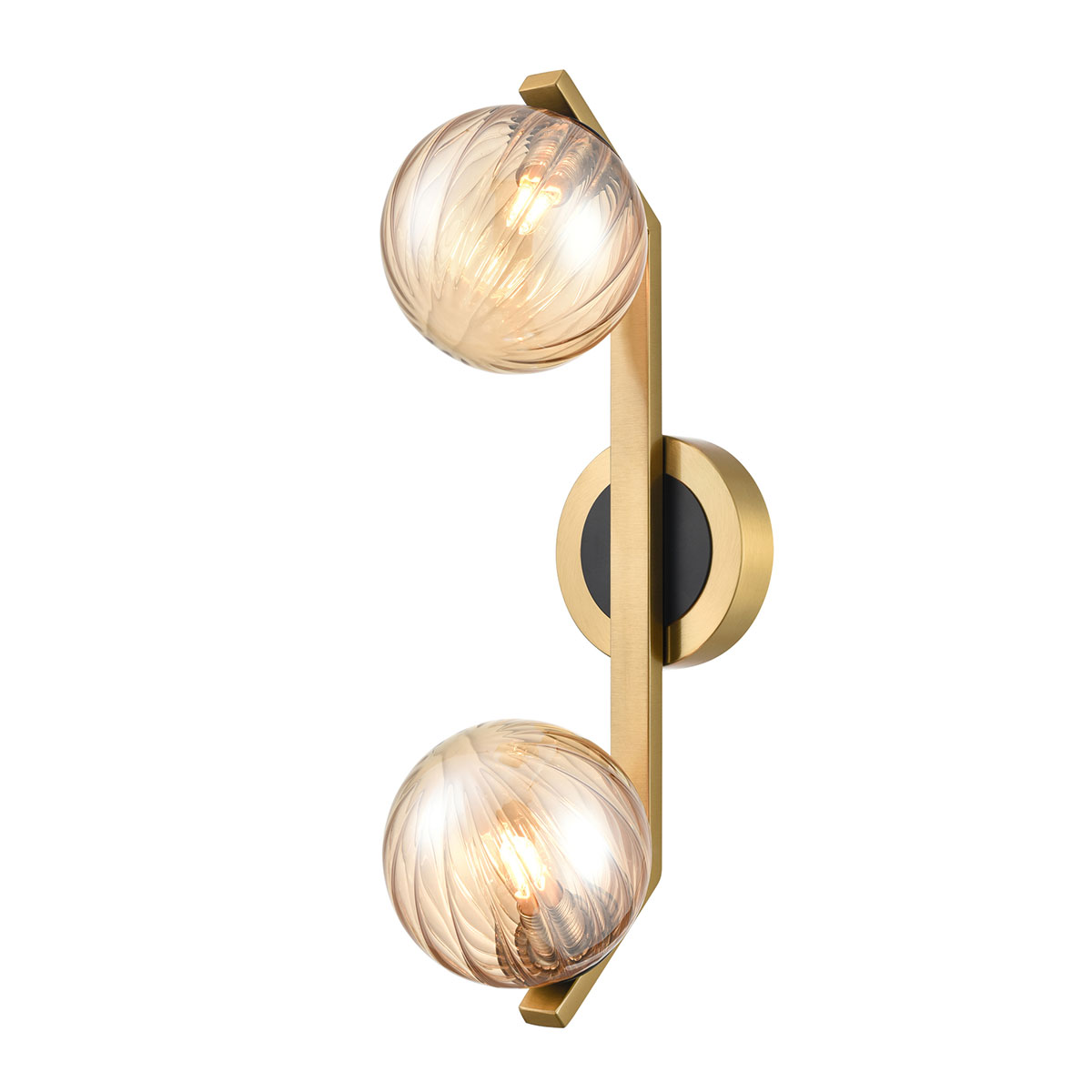 Franklite Oculus double bathroom wall light in aged brass and matt black with amber ribbed glass spheres, shown vertical.