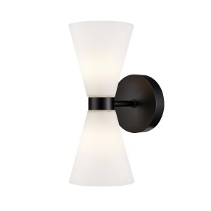 Franklite Odeon matt black bathroom wall light with conical opal glass shades, shown mounted vertically.