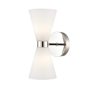 Franklite Odeon polished nickel bathroom wall light with conical opal glass shades, shown mounted vertically.