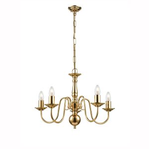 Franklite PE7915, Halle Flemish style traditional 5 light chandelier in polished solid brass on white background.