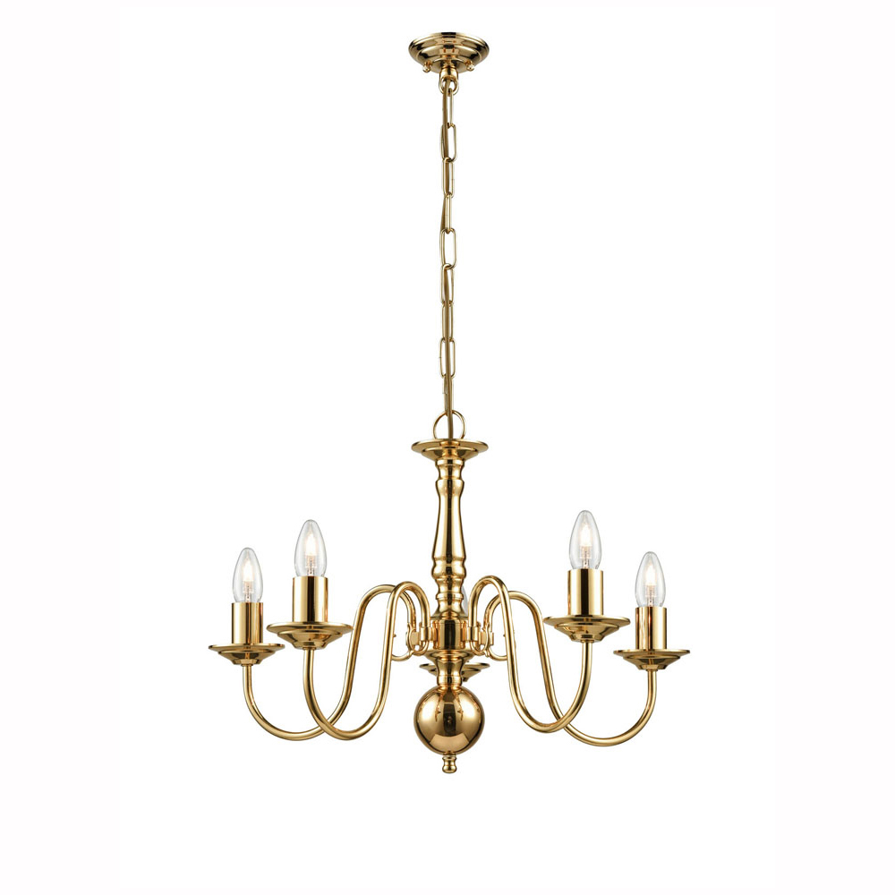 Flemish Style Traditional 5 Light Chandelier Polished Solid Brass